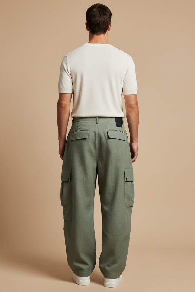 Pantalon Baggy Vert Kaki Cargo Plissé Homme - Toile - vue 2