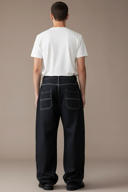 Pantalon Baggy Noir Ample Surpiqué Brodé Décontracté - Jean - vue 2