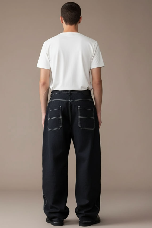 Pantalon Baggy Noir Ample Surpiqué Brodé Décontracté - Jean - vue 2