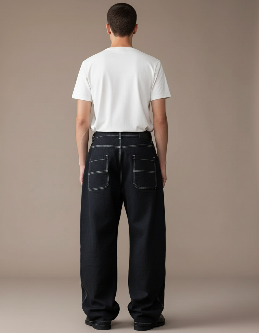Pantalon Baggy Noir Ample Surpiqué Brodé Décontracté - Jean - vue 2