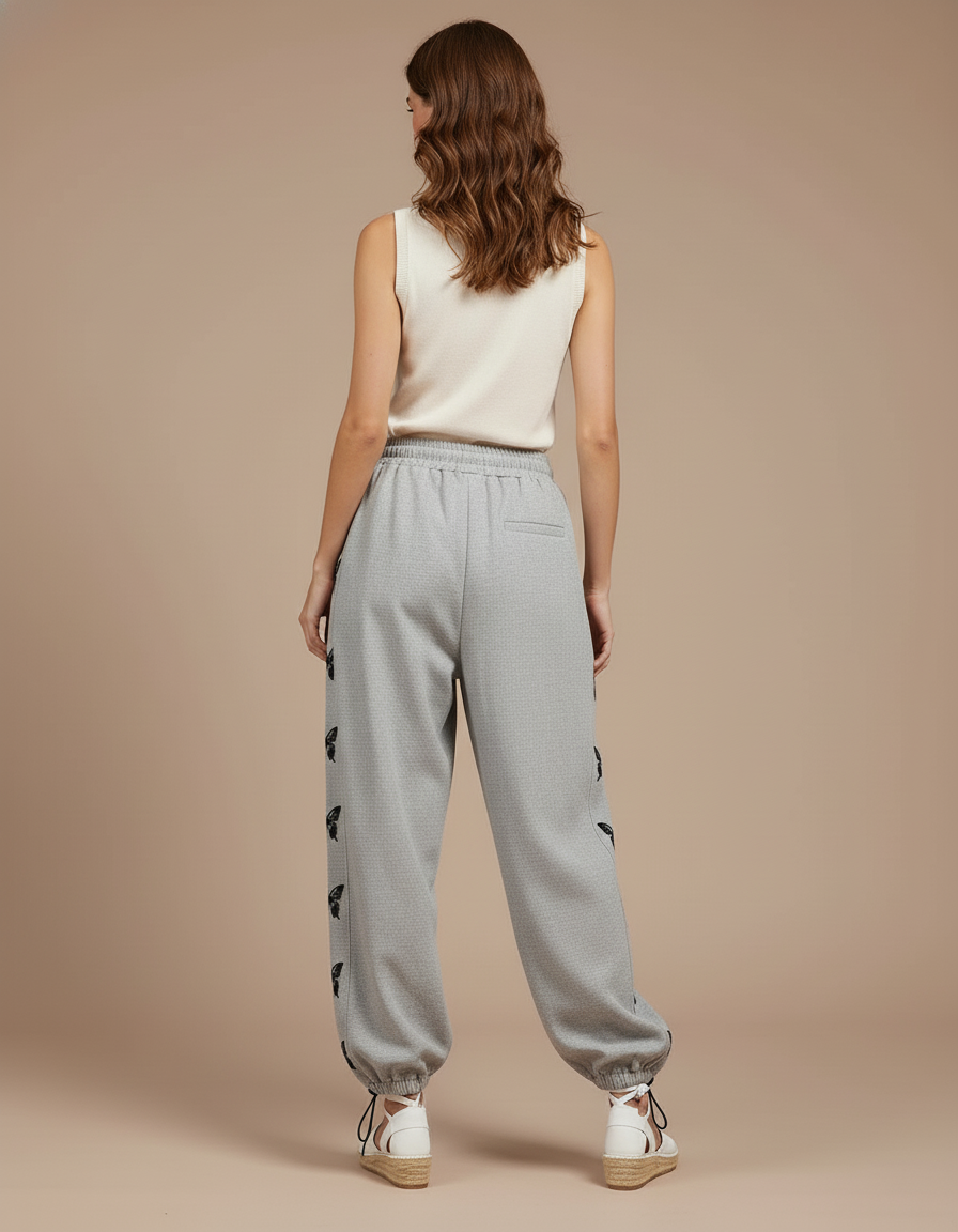 Pantalon Baggy Gris Papillons Cordon Décontracté Femme - Molleton - vue 2