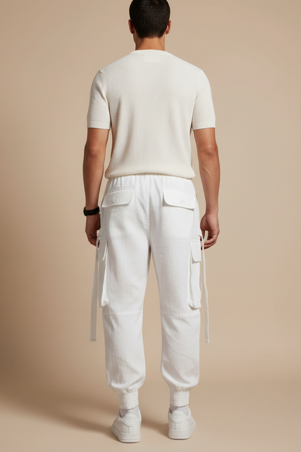 Pantalon Baggy Blanc Cargo Cordon Ample Homme - Lin - vue 2