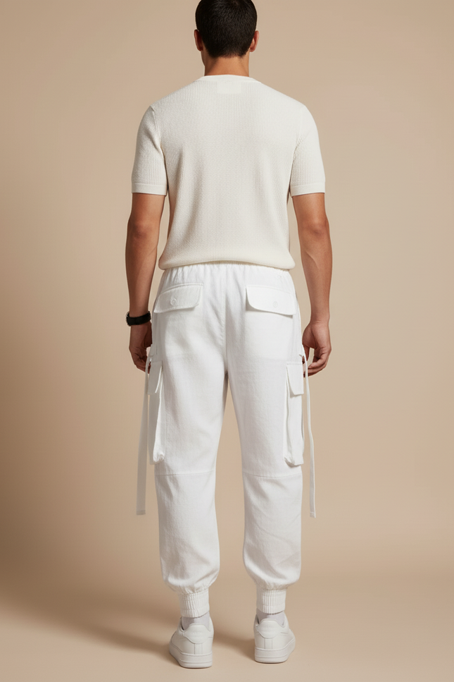 Pantalon Baggy Blanc Cargo Cordon Ample Homme - Lin - vue 2