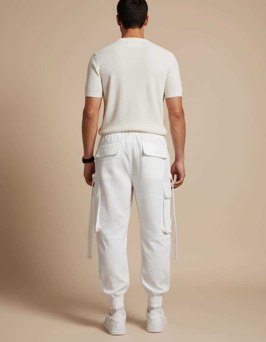 Pantalon Baggy Blanc Cargo Cordon Ample Homme - Lin - vue 2