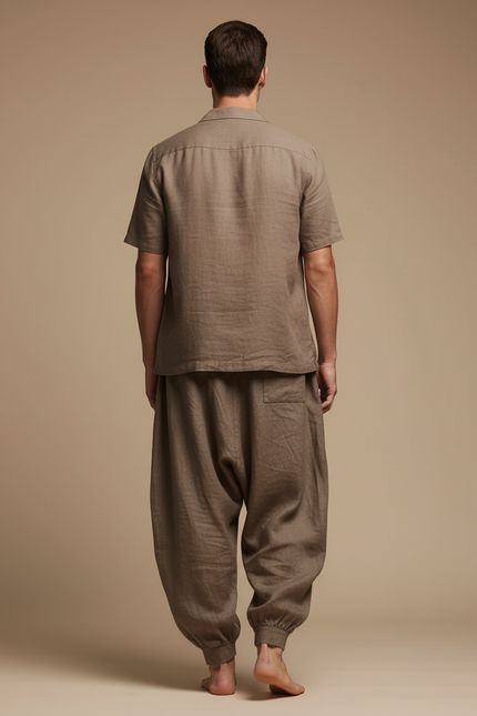 Pantalon Baggy Marron Lin Ample Cordon Décontracté Homme - vue 2