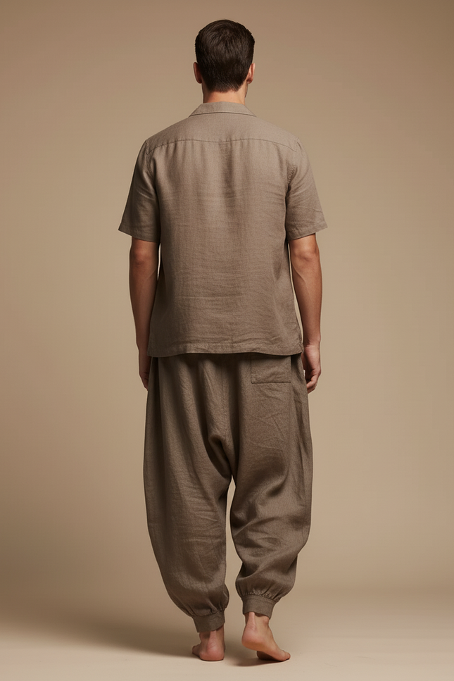 Pantalon Baggy Marron Lin Ample Cordon Décontracté Homme - vue 2