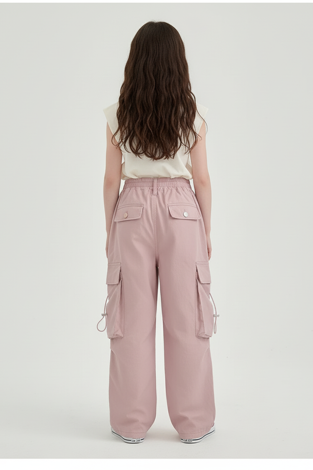 Pantalon Baggy Cargo Rose Ample Taille Haute Fille - Gabardine - vue 2