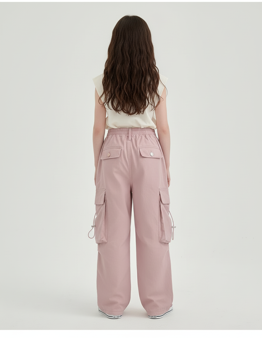 Pantalon Baggy Cargo Rose Ample Taille Haute Fille - Gabardine - vue 2