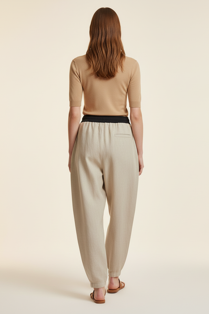 Pantalon Baggy Lin Beige Ample Décontracté Élastiqué - vue 2