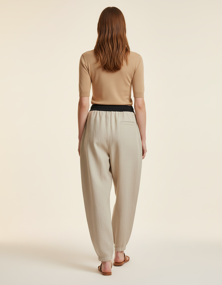 Pantalon Baggy Lin Beige Ample Décontracté Élastiqué - vue 2