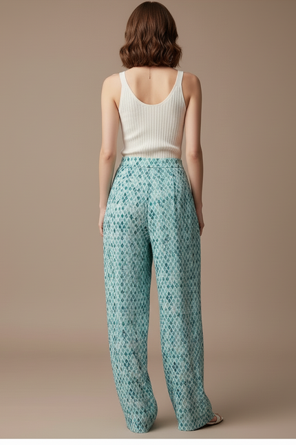 Pantalon Baggy Plissé Fluide Imprimé Vert Ample - Viscose - vue 2