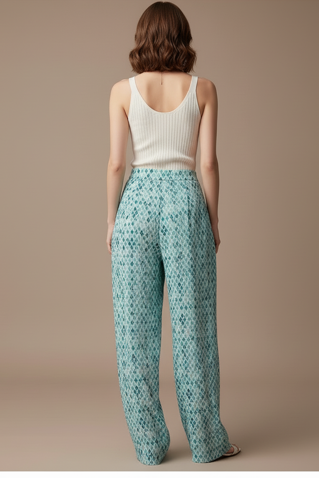 Pantalon Baggy Plissé Fluide Imprimé Vert Ample - Viscose - vue 2