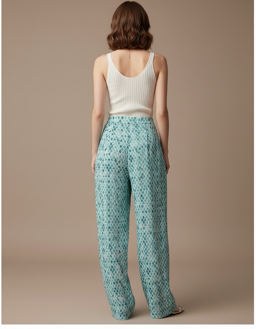 Pantalon Baggy Plissé Fluide Imprimé Vert Ample - Viscose - vue 2