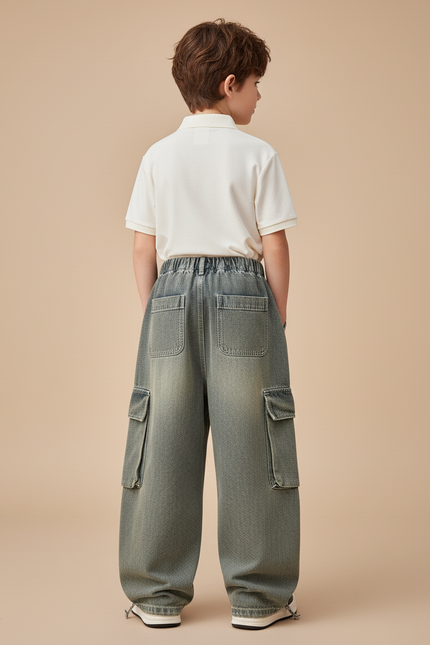 Pantalon Baggy Cargo Jean Ample Garçon Y2K - Kaki - vue 2