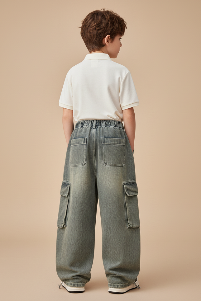 Pantalon Baggy Cargo Jean Ample Garçon Y2K - Kaki - vue 2