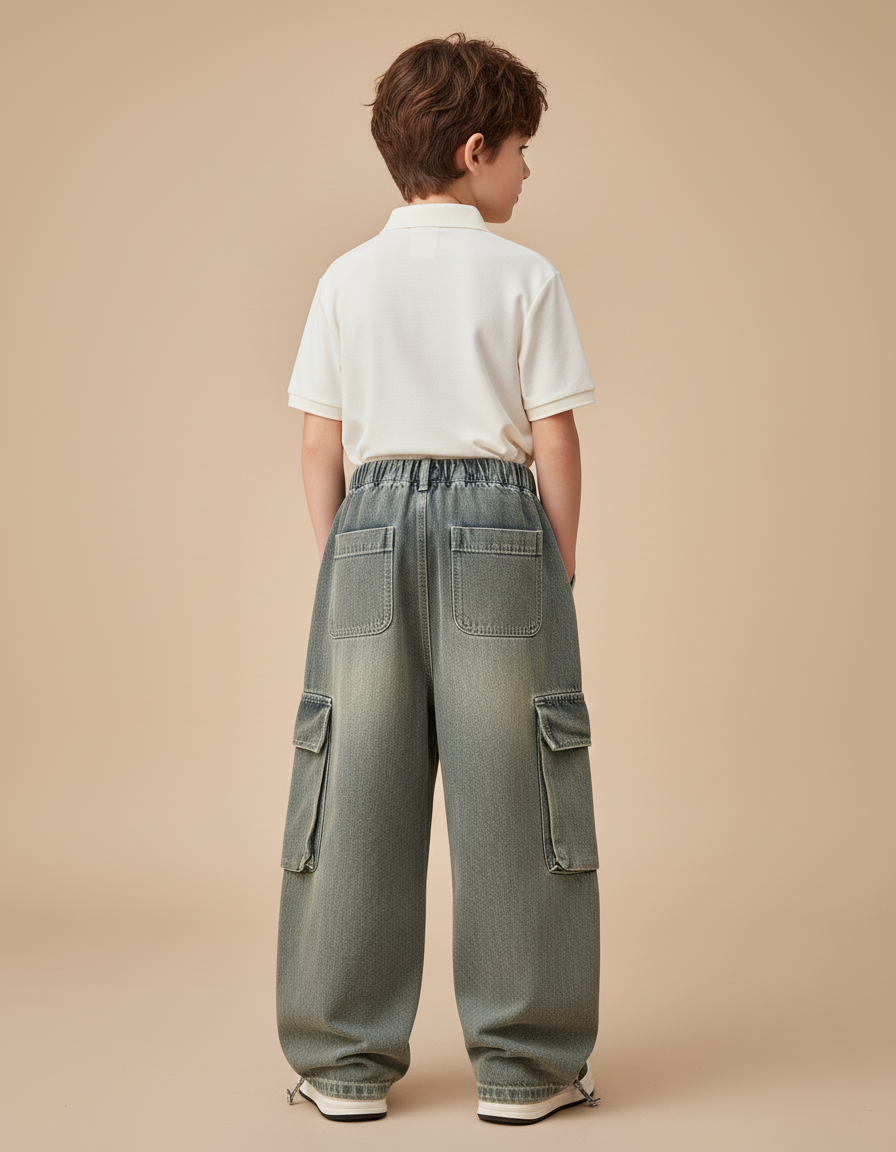 Pantalon Baggy Cargo Jean Ample Garçon Y2K - Kaki - vue 2