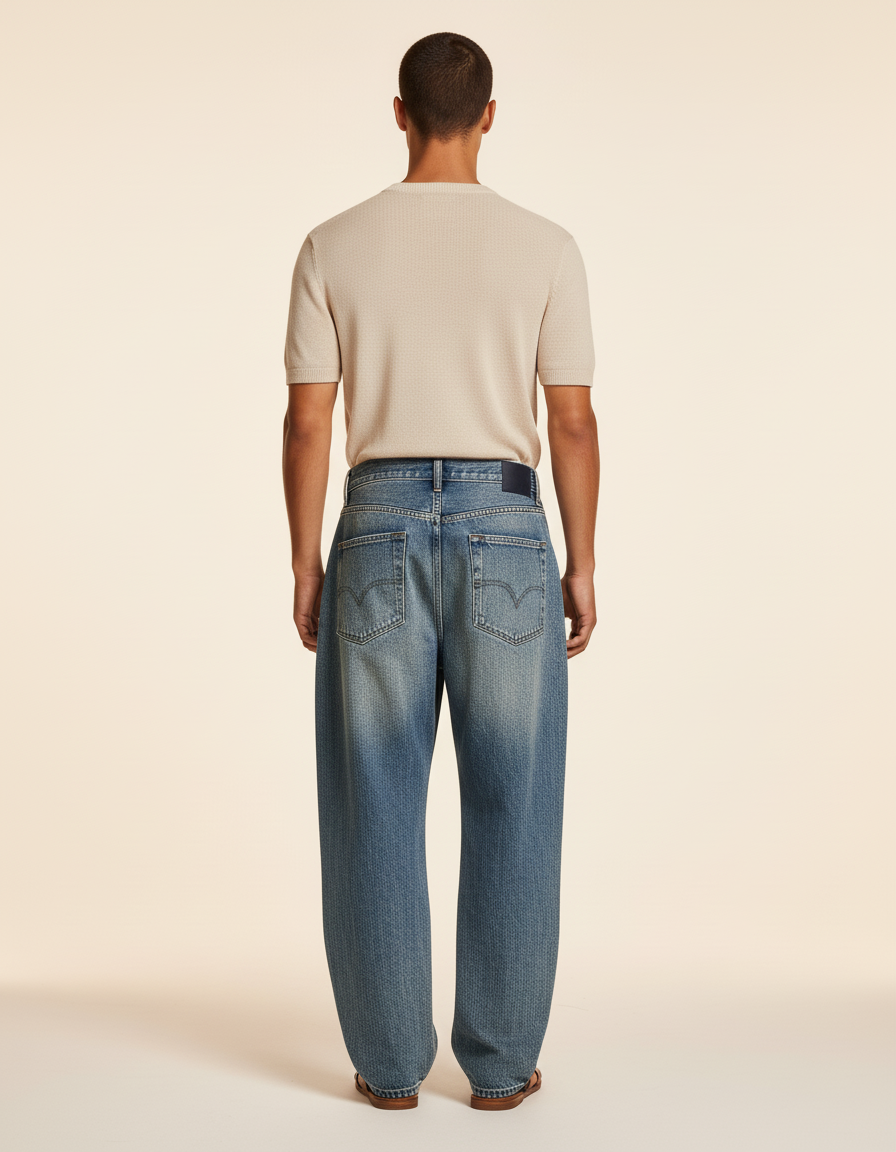 Pantalon Baggy Denim Ample Brodée Vintage Homme - Bleu Jean - vue 2