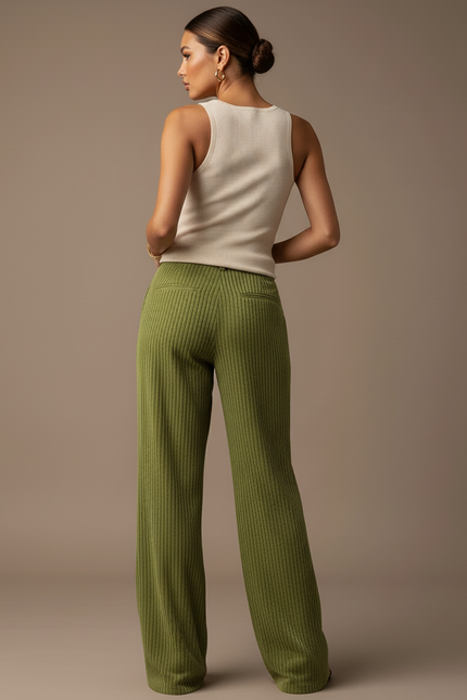 Pantalon Baggy Vert Côtelé Ample Taille Haute - Cordé - vue 2