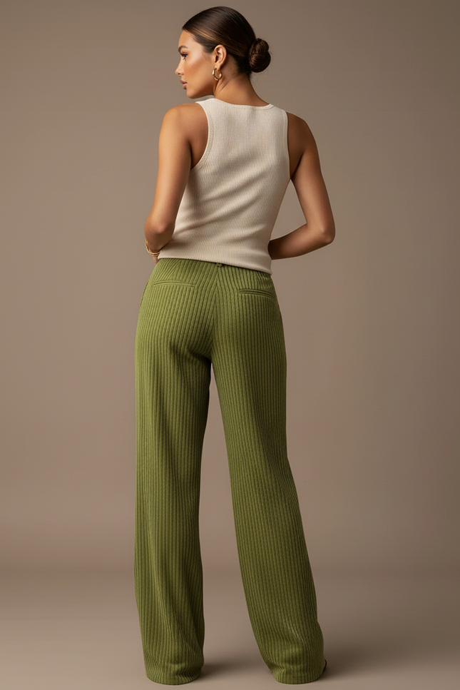 Pantalon Baggy Vert Côtelé Ample Taille Haute - Cordé - vue 2