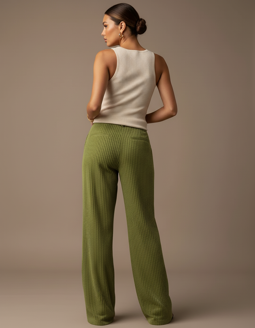 Pantalon Baggy Vert Côtelé Ample Taille Haute - Cordé - vue 2