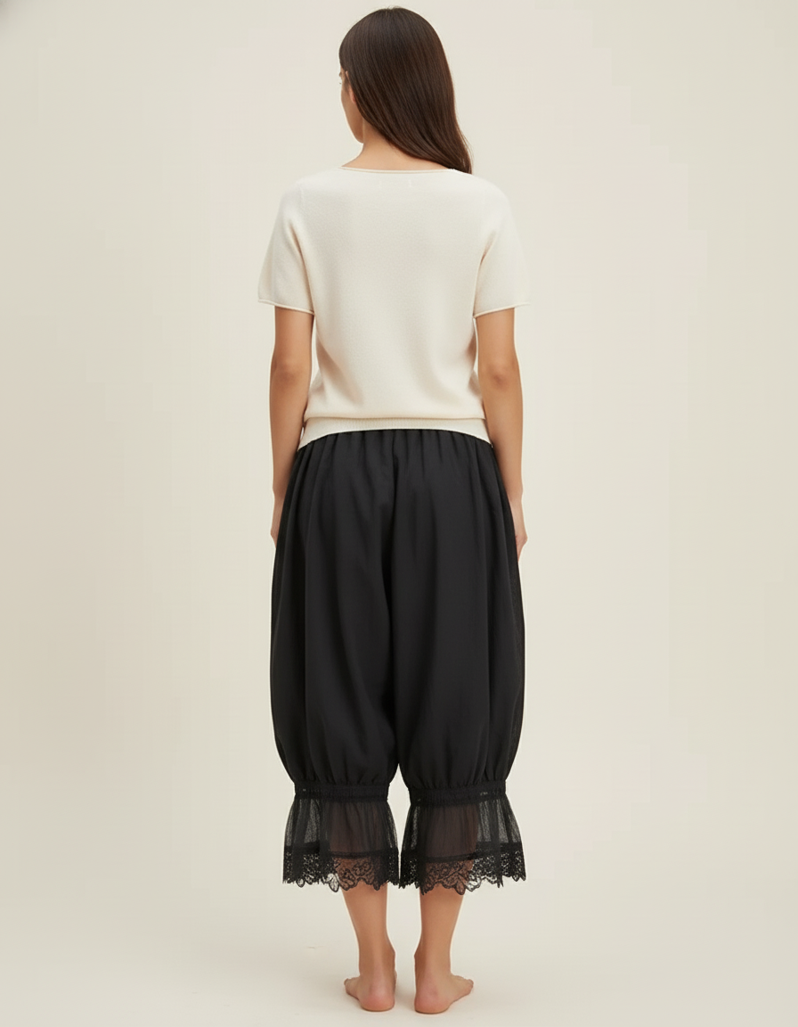 Pantalon Baggy Noir Ample Dentelle Fluide Estival - Viscose - vue 2
