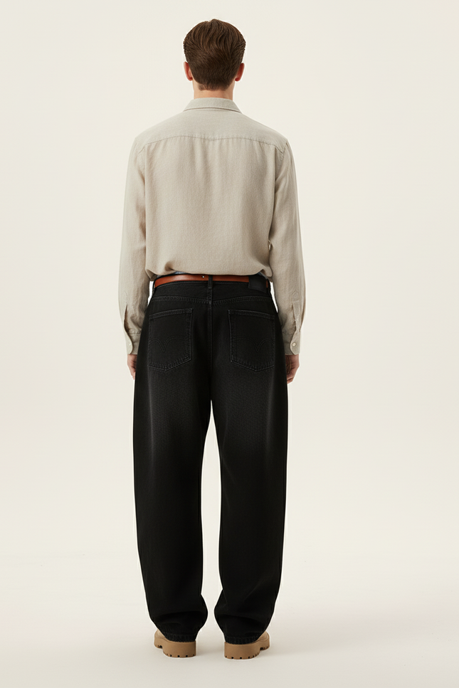 Pantalon Baggy Noir Ample Délavé Denim Décontracté Homme - Jean - vue 2