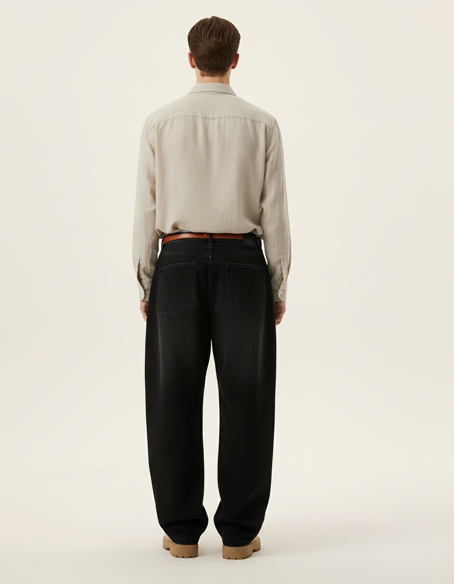 Pantalon Baggy Noir Ample Délavé Denim Décontracté Homme - Jean - vue 2