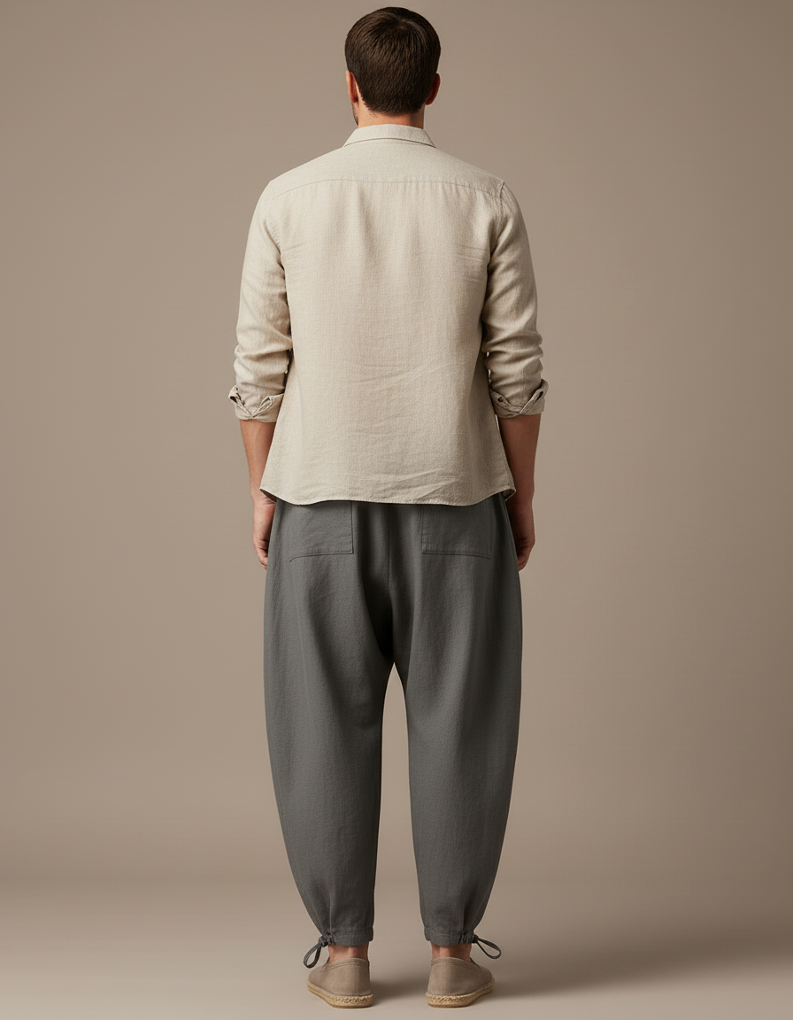 Pantalon Baggy Gris Plissé Ample Coton Homme - vue 2