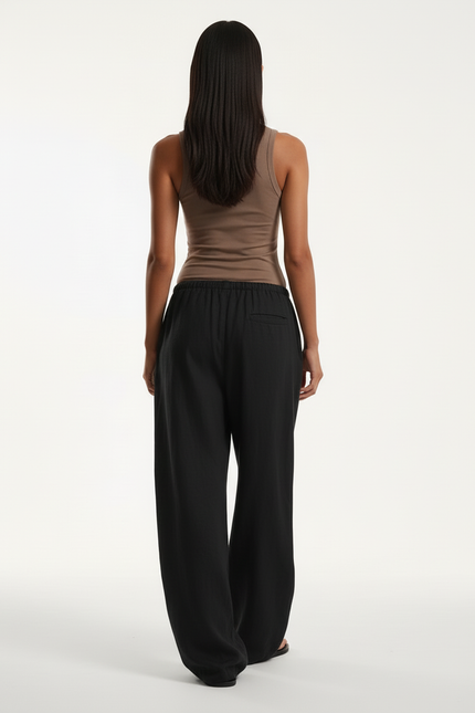 Pantalon Baggy Noir Ample Fluide Cordon - Lin - vue 2