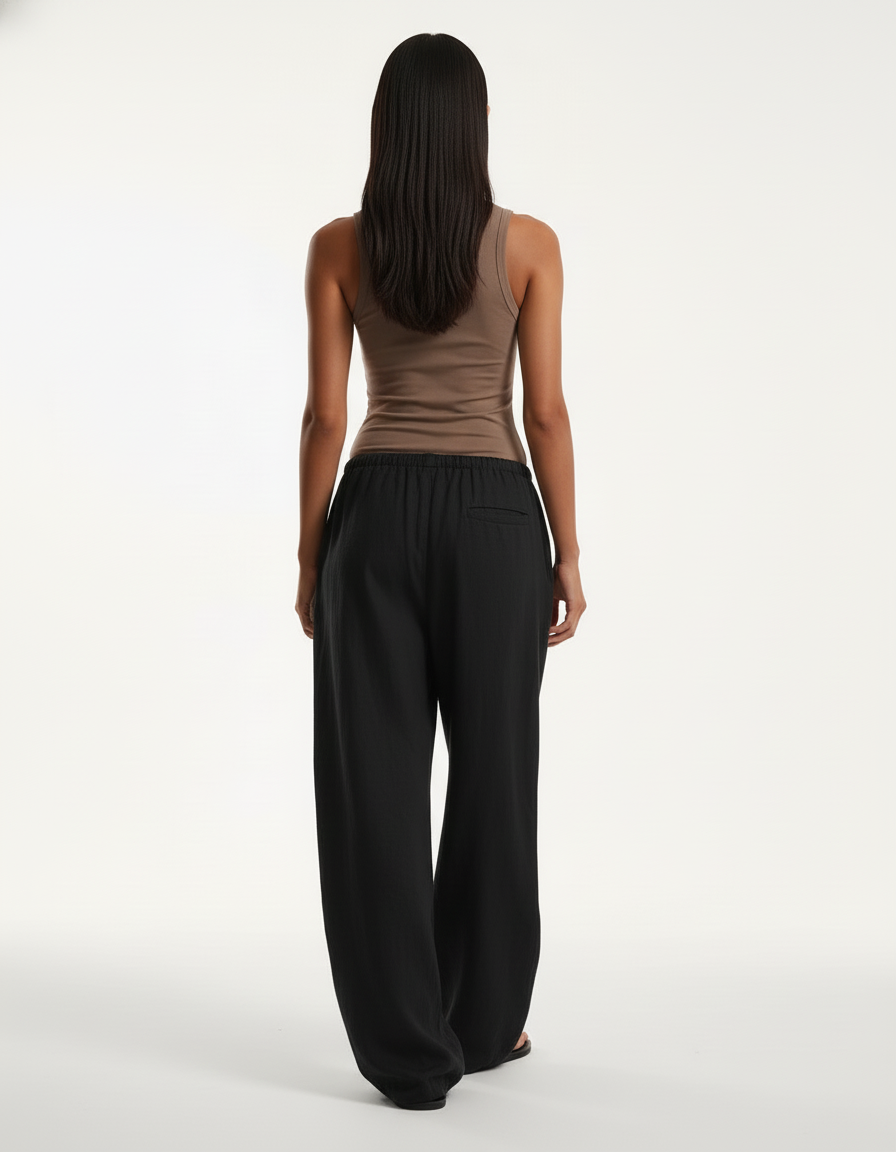 Pantalon Baggy Noir Ample Fluide Cordon - Lin - vue 2