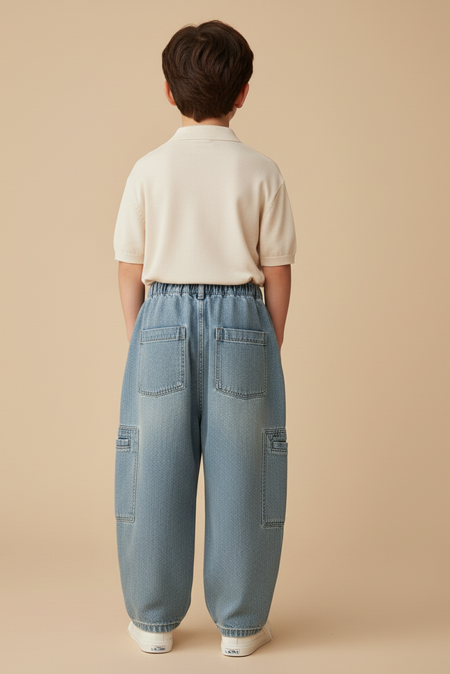 Pantalon Baggy Denim Ample Plissé Cargo Garçon - Bleu Jean - vue 2