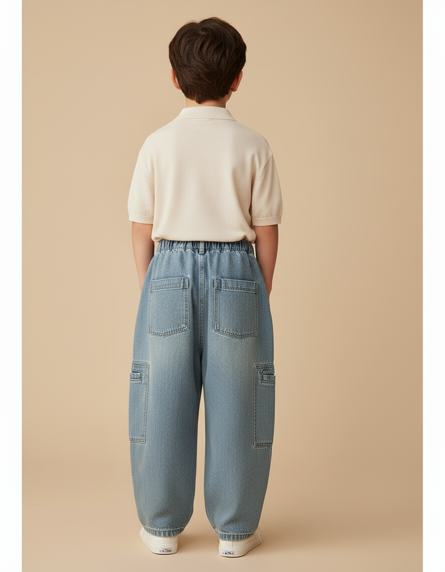 Pantalon Baggy Denim Ample Plissé Cargo Garçon - Bleu Jean - vue 2