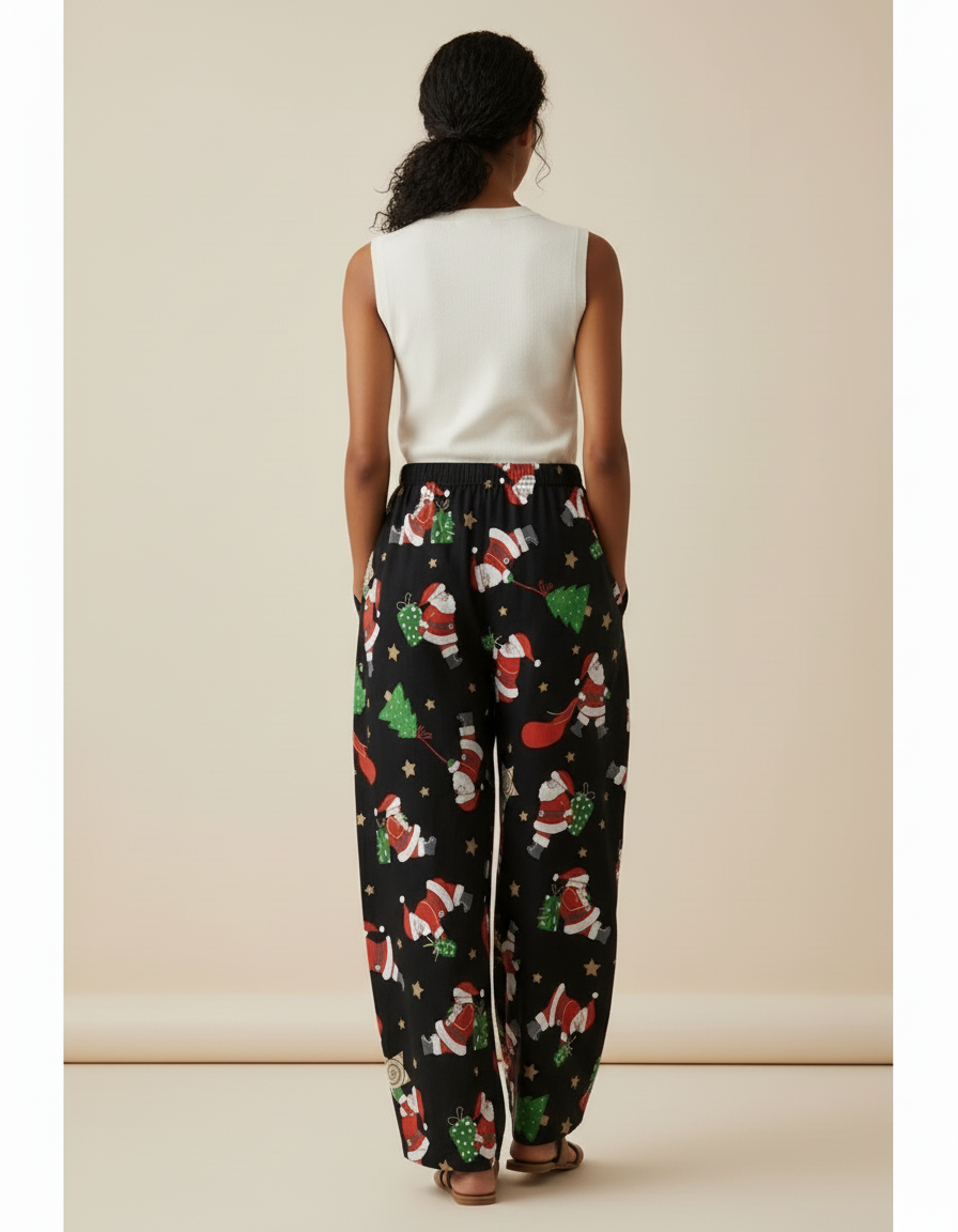 Pantalon Baggy Noir Noël Ample Fluide Femme - Lin - vue 2