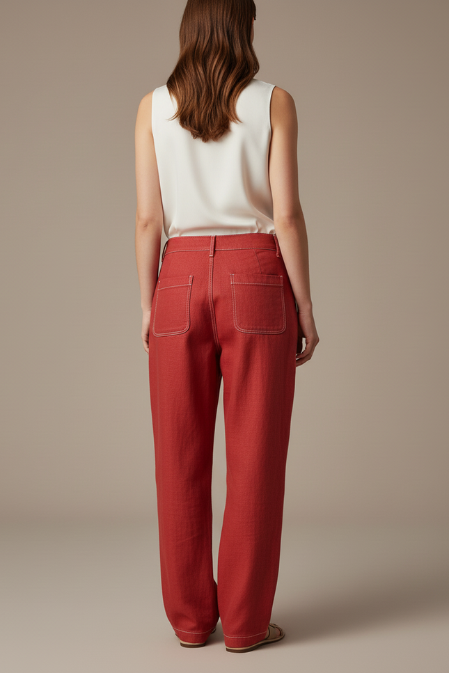 Pantalon Baggy Rouge Ample Coton Décontracté Rayures Blanches - vue 2