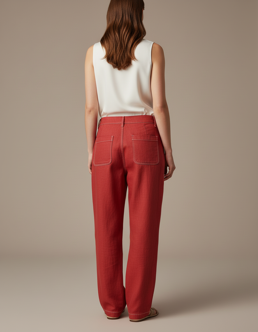 Pantalon Baggy Rouge Ample Coton Décontracté Rayures Blanches - vue 2