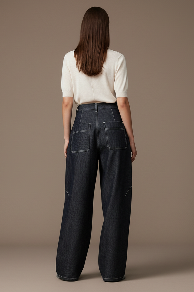 Pantalon Baggy Denim Large Plissé Taille Haute Femme - Marine Jean - vue 2