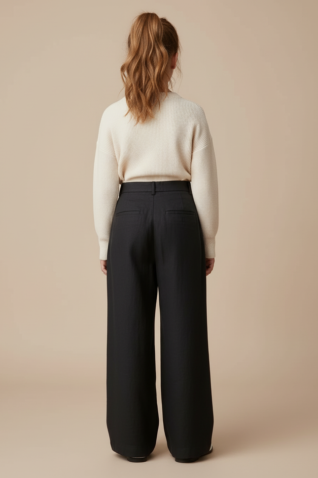 Pantalon Baggy Fille Noir Taille Haute - Lin - vue 2