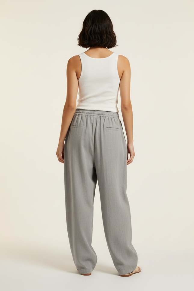 Pantalon Baggy Gris Fluide Décontracté Cordon Femme - Lin - vue 2