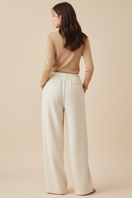 Pantalon Baggy Crème Ample Cordon Fluide Décontracté - Beige Maille - vue 2