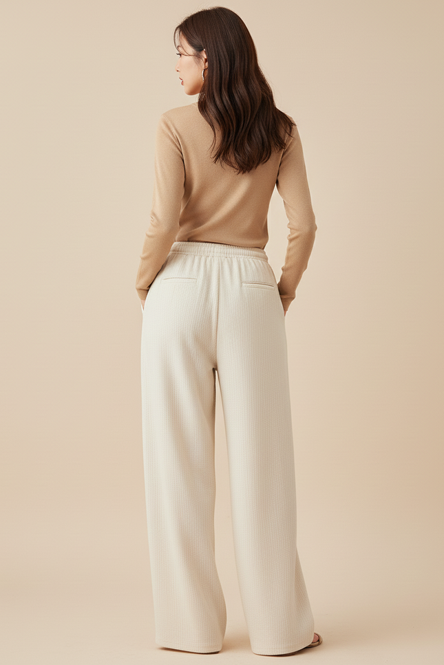 Pantalon Baggy Crème Ample Cordon Fluide Décontracté - Beige Maille - vue 2