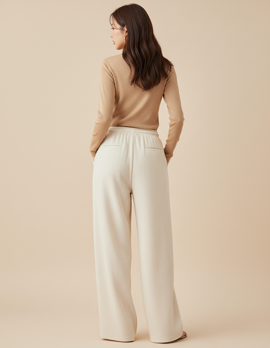 Pantalon Baggy Crème Ample Cordon Fluide Décontracté - Beige Maille - vue 2