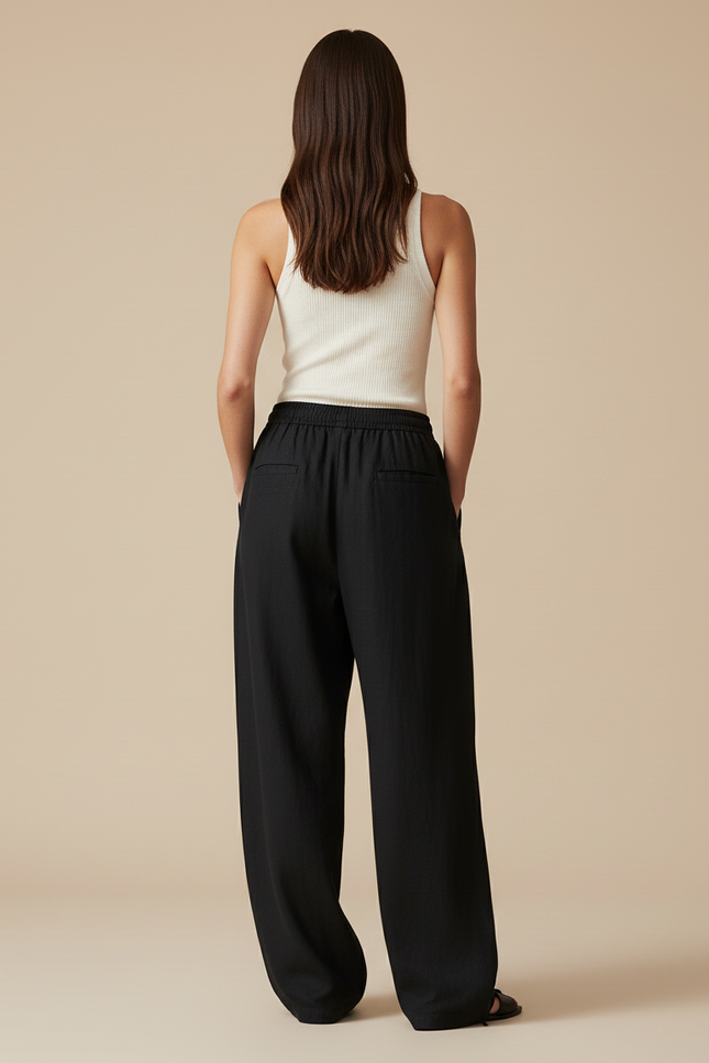 Pantalon Baggy Noir Lin Ample Décontracté Élastiqué - vue 2