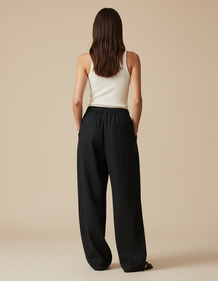 Pantalon Baggy Noir Lin Ample Décontracté Élastiqué - vue 2