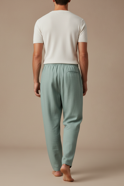 Pantalon Baggy Vert Menthe Lin Ample Décontracté Cordon - vue 2