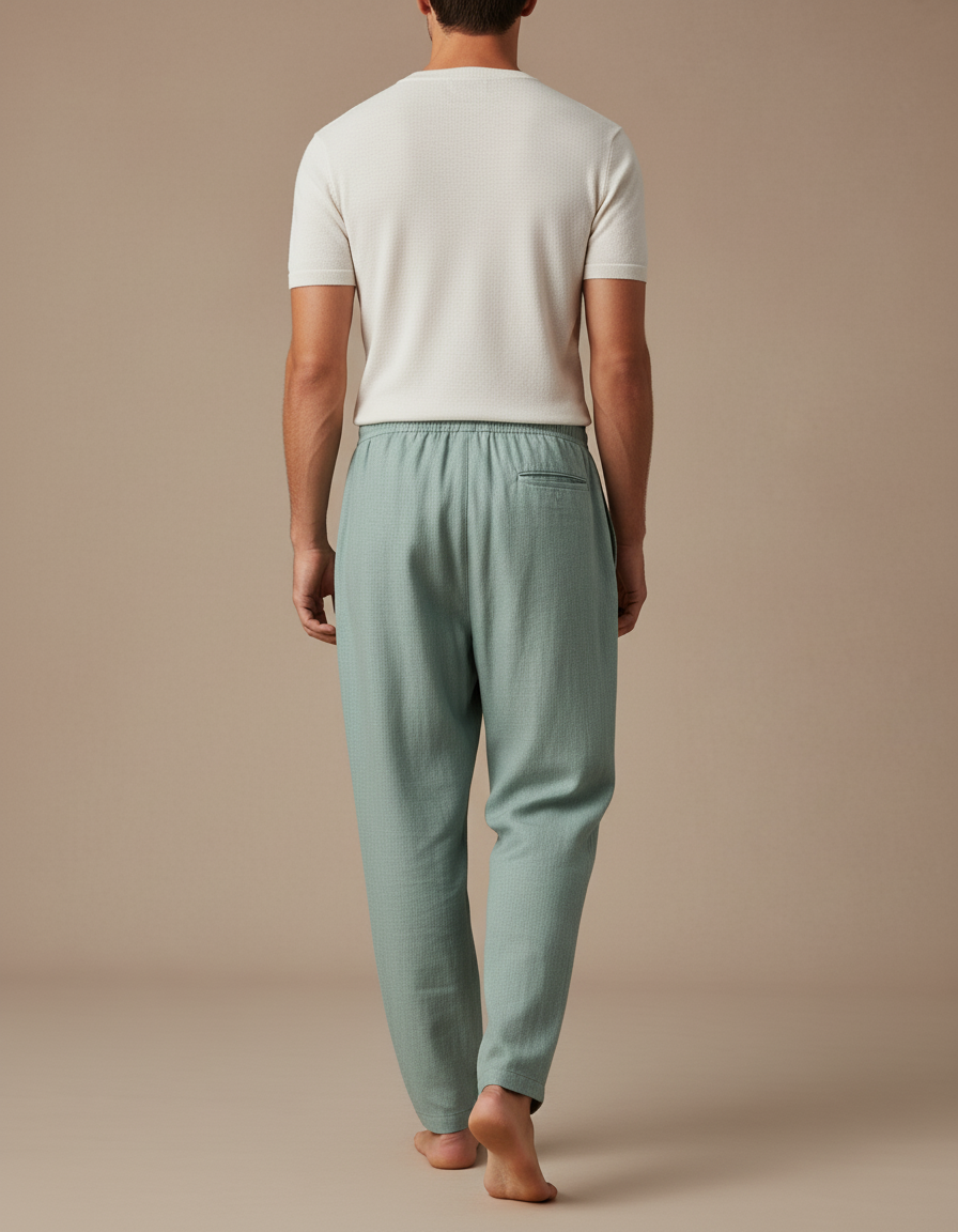 Pantalon Baggy Vert Menthe Lin Ample Décontracté Cordon - vue 2