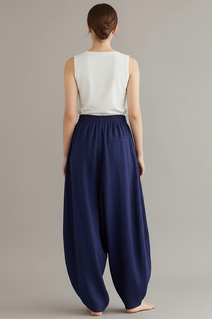 Pantalon Baggy Bleu Marine Ample Coton Lin Fluide - vue 2