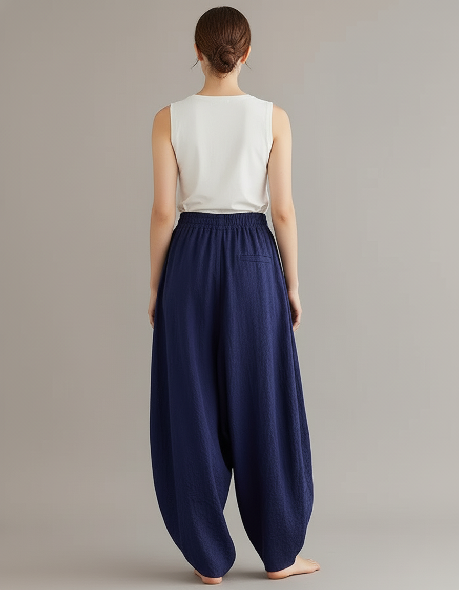 Pantalon Baggy Bleu Marine Ample Coton Lin Fluide - vue 2