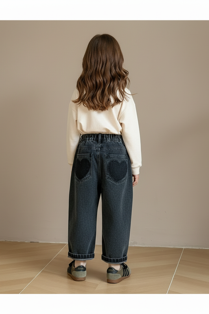 Pantalon Baggy Jean Cœurs Ample Noir Enfant - vue 2