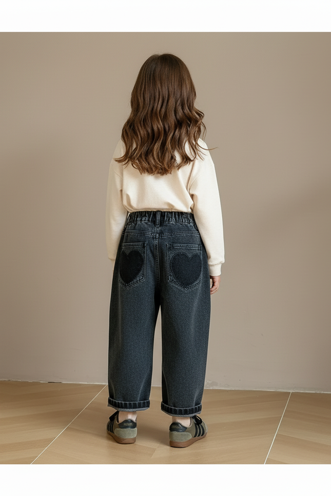 Pantalon Baggy Jean Cœurs Ample Noir Enfant - vue 2