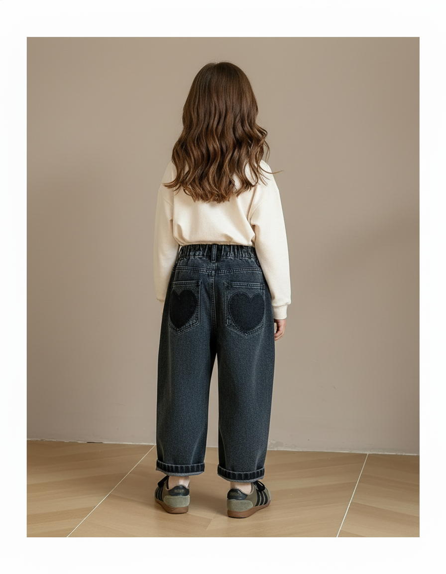 Pantalon Baggy Jean Cœurs Ample Noir Enfant - vue 2